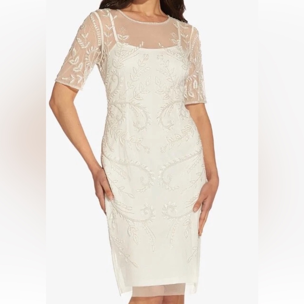 NWT Hand-beaded Midi Sheath Cocktail Formal Short Wedding Dress Size 10 Ivory